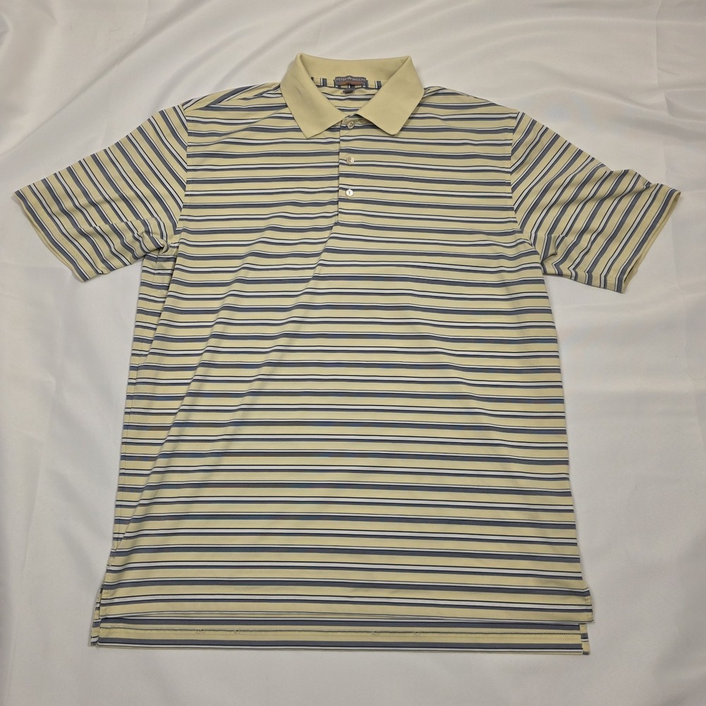 Peter Millar Summer Comfort Polo Shirt Mens Large Yellow Striped Stretch Soft
